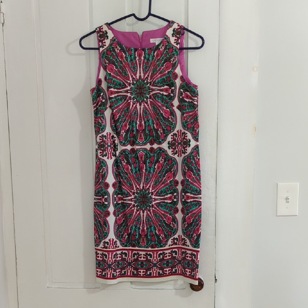 London Times Pink and Black Sheath Dress Sleeveless Scoop Neck Midi